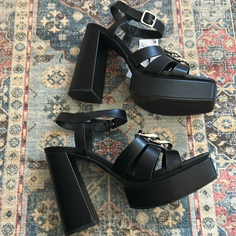 Zara Black Silver Chain Detail Chunky High Heel Platform Sandals Size 40 (US 9)